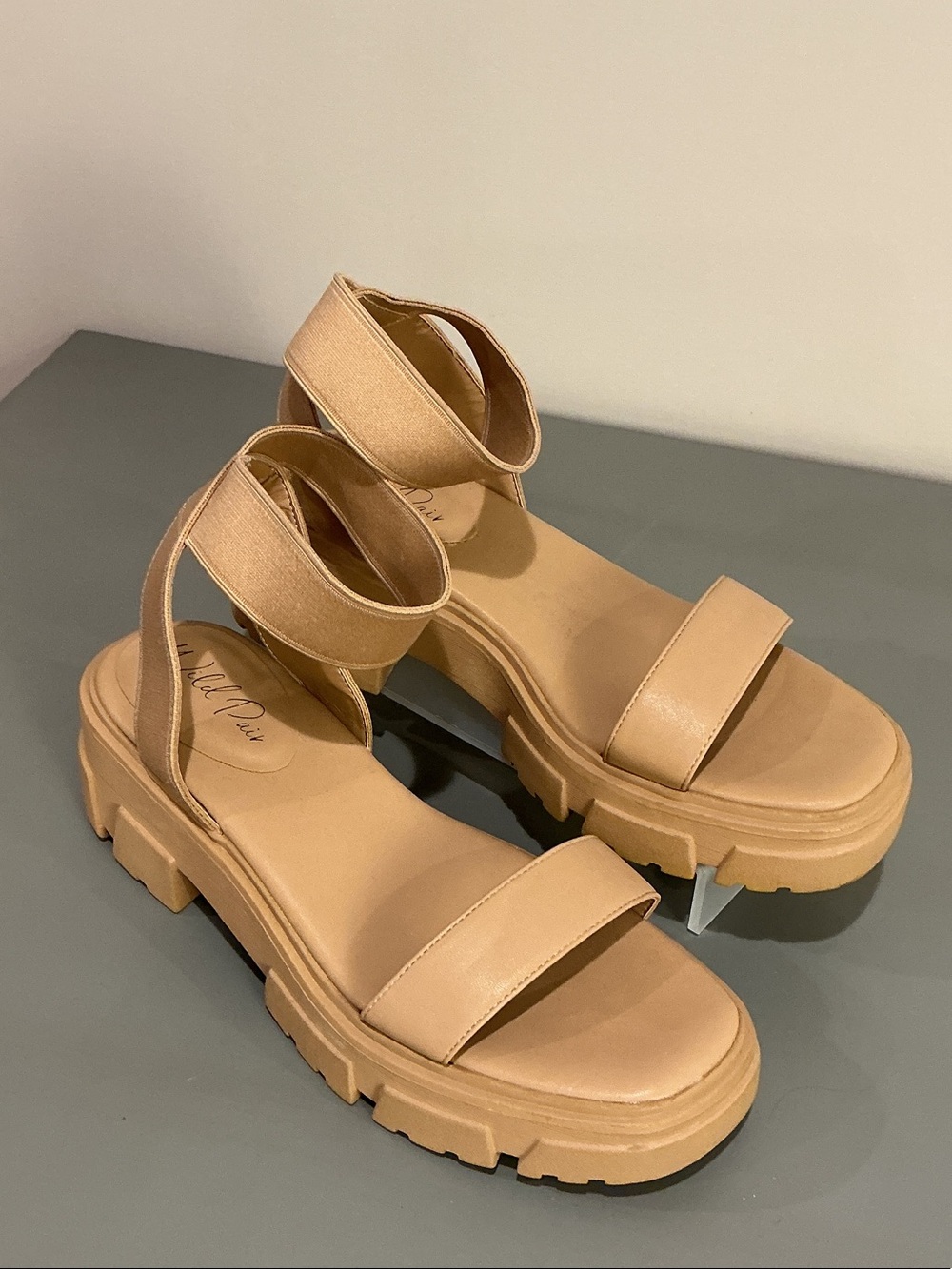 Wild Pair Tan Platform Lug Sole Ankle Strap Sandals Size 7.5